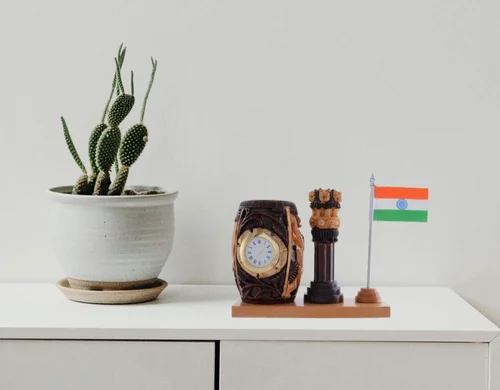 Wooden Pen Holder Antique With Clock and Flag