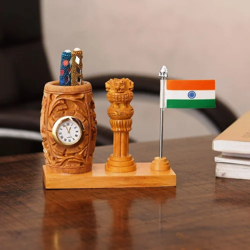 Wooden Pen Holder With Clock And Flag