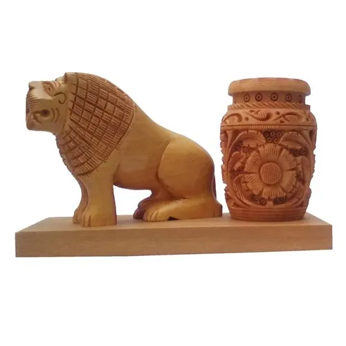 Wooden Pen Holder With Lion