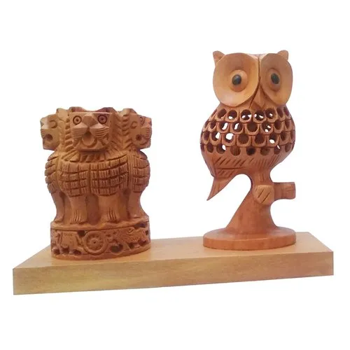 Wooden Ashoka Pen Holder With Owl Under Cut