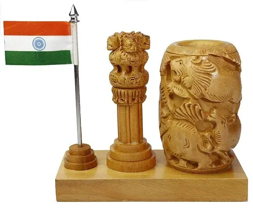 10 cm Wooden Pen Holder Ashoka and Flag