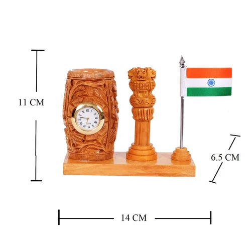 Wooden Pen Holder With Clock and flag