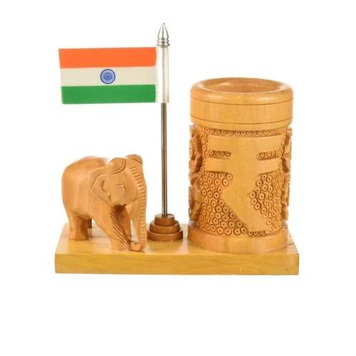 Wooden Pen Holder With Elephant