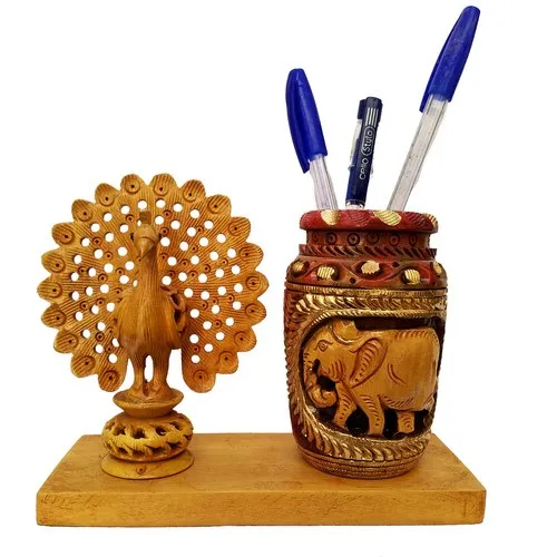 Carved Wooden Pen Holder Printed and Peacock Dancing